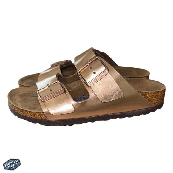 Birkenstock Women’s Metallic Copper Arizona BS Slip On Slide Sandals - Picture 8 of 16